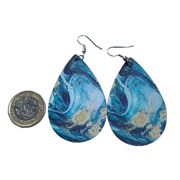 BNWT Aquamarine Sea Marbling Earrings with a Splash of Gold PU Leather Teardrop - Picture 3 of 11